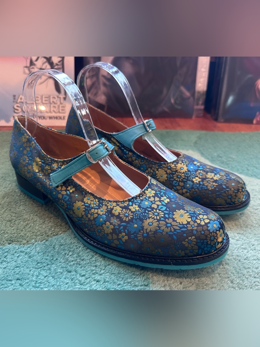 Fluevog NEW NO BOX Biblio Barnett blue/gold floral tapestry MJ flat-12 (fit 11.5